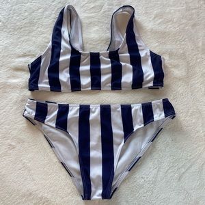 Navy Blue & White Striped Two Piece Swimsuit